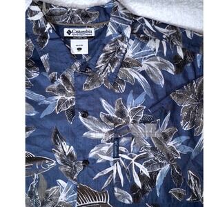 Columbia Mens Blue Tropical Fish Palm Print Cotton Button Down Shirt Large